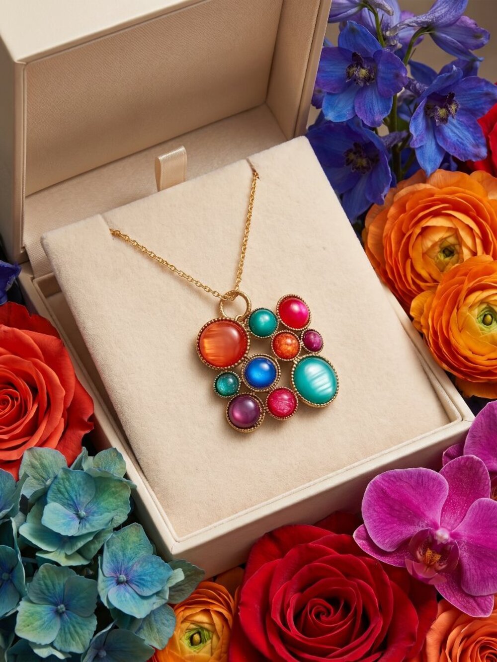 Unique Vintage Reworked Statement Necklace Multi-Color Cabochon Geometric Lucite